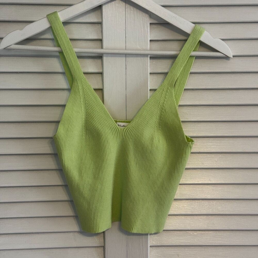 Mustard Seed Tank Top Ribbed Knit S Lime Green Women V Neck Crop‎ Top Sleeveless